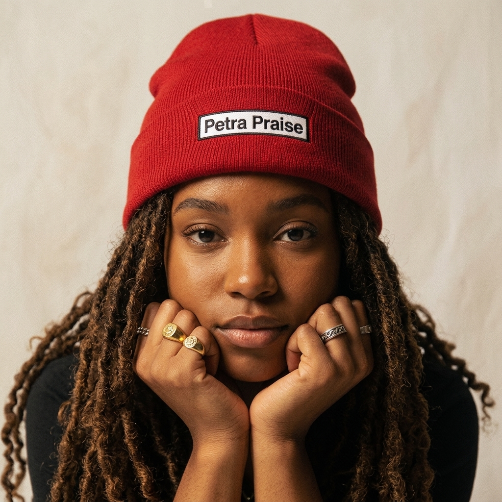 Red beanie with a white Petra Praise patch