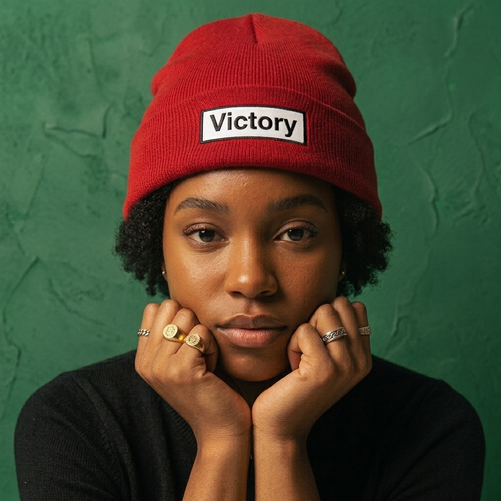 Red beanie with a white Victory patch