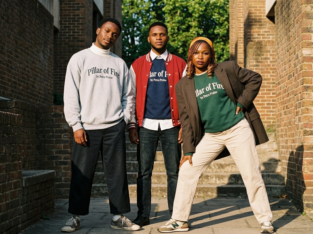 Group wearing Pillar of Fire crewnecks and a varsity jacket in grey, red, and green