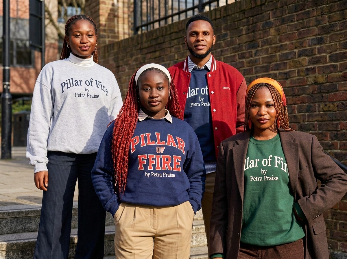 Four people wearing Pillar of Fire crewnecks and a red varsity jacket