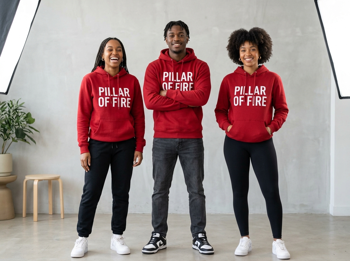 Red hoodie printed with Pillar of Fire, worn by three models