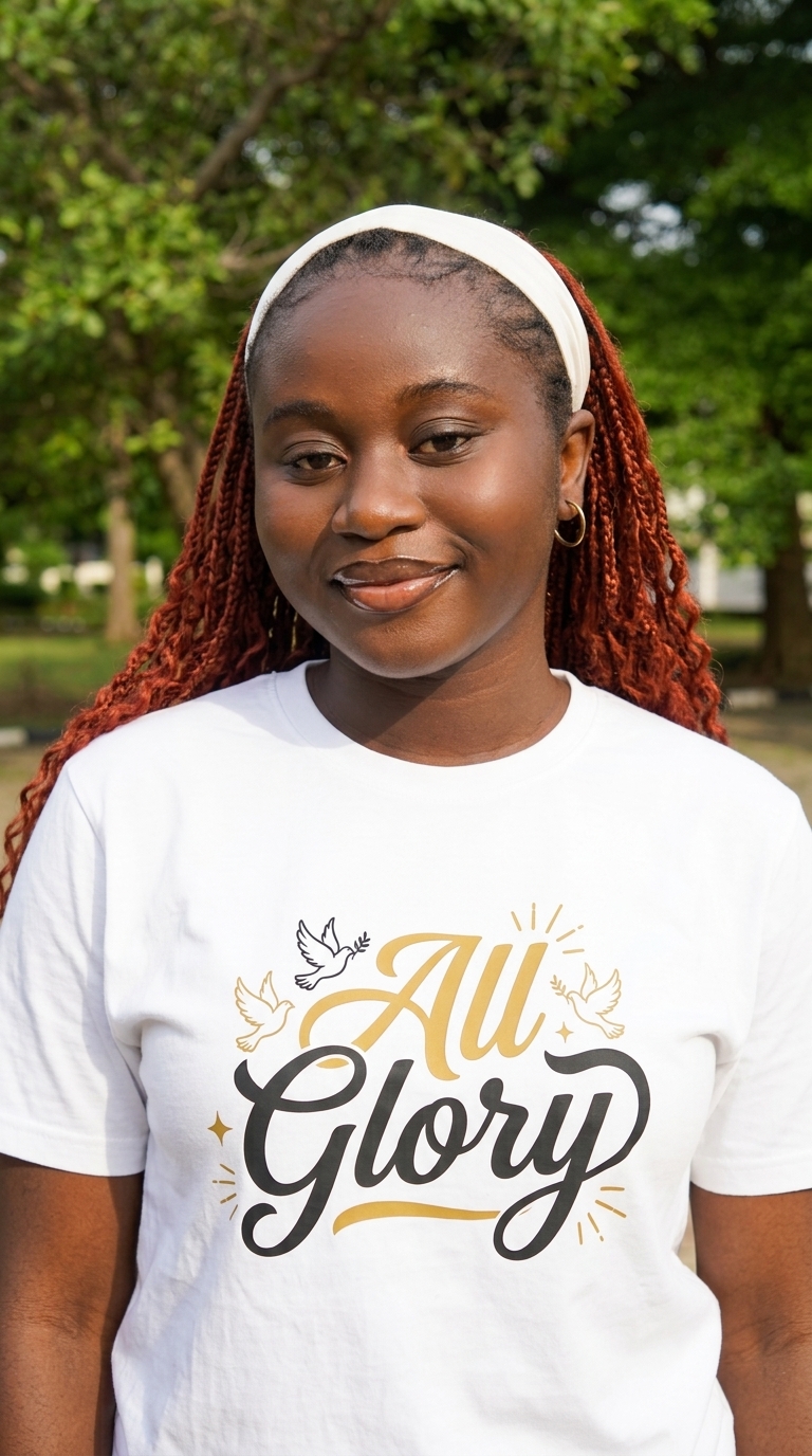White t-shirt with gold and black All Glory graphic