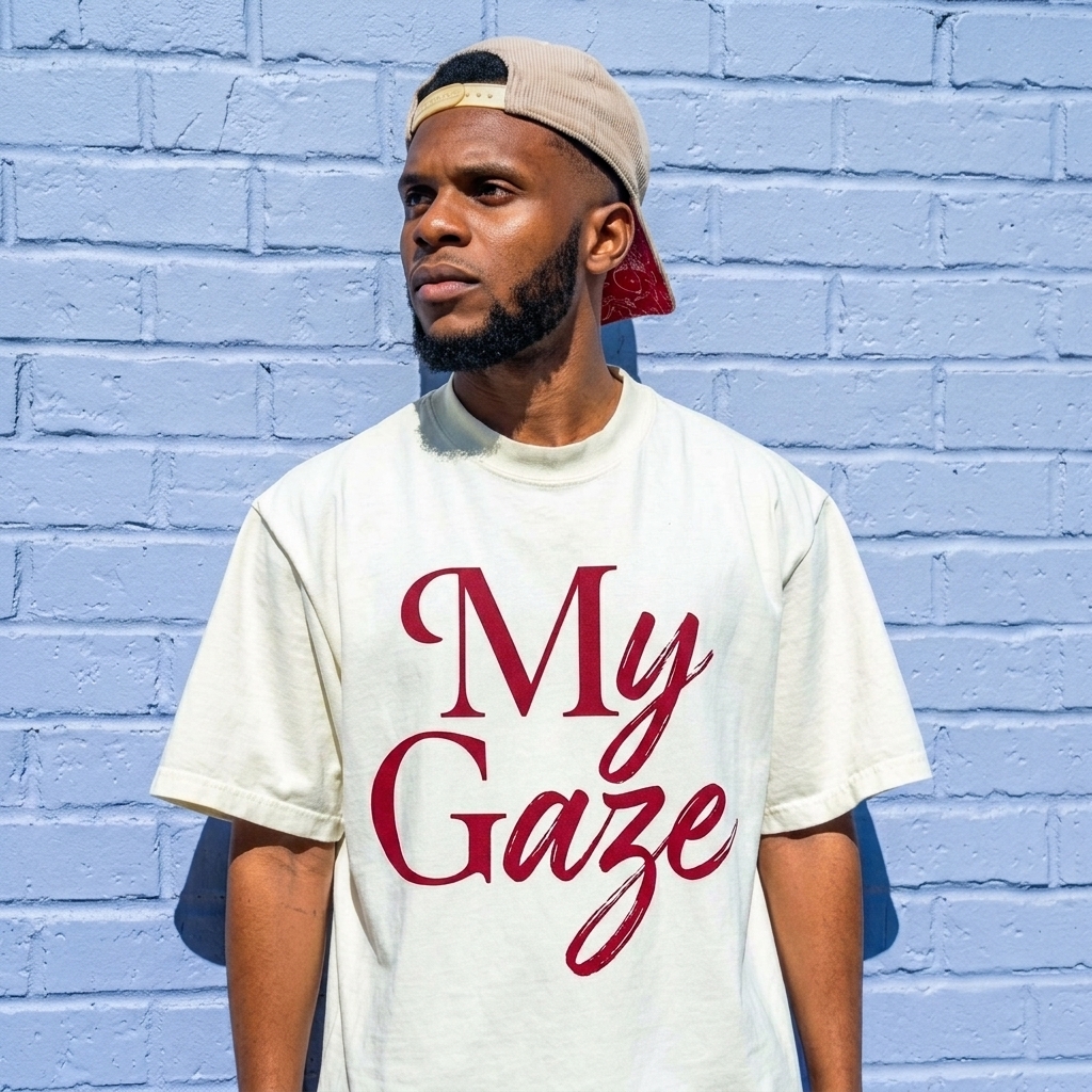 Cream t-shirt with red script My Gaze print