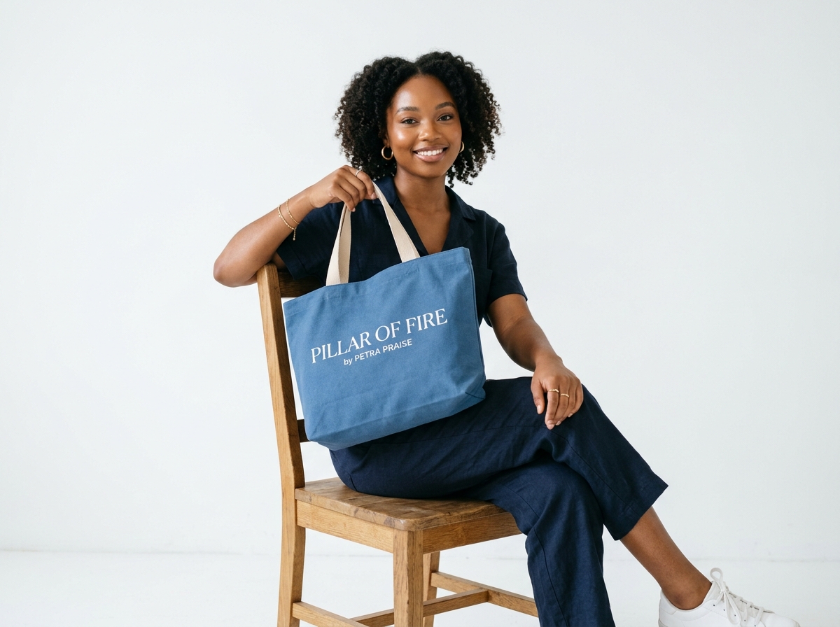 Slate blue canvas tote bag reading Pillar of Fire by Petra Praise