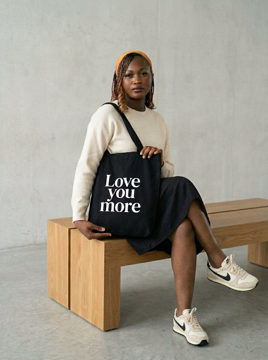 Black tote bag reading Love You More
