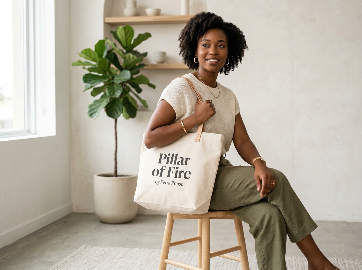 Natural canvas tote bag reading Pillar of Fire by Petra Praise