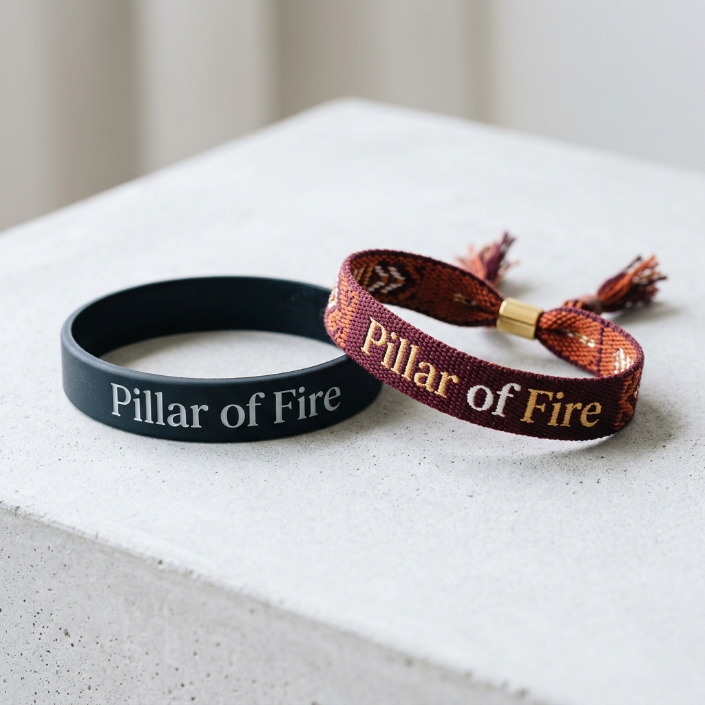 A silicone wristband and a woven friendship-style bracelet, both reading Pillar of Fire